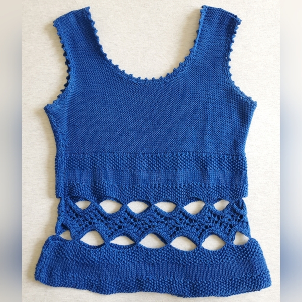 Vintage knit crochet top blue‎ cotton cutout tank scoop neck sleeveless boho S M